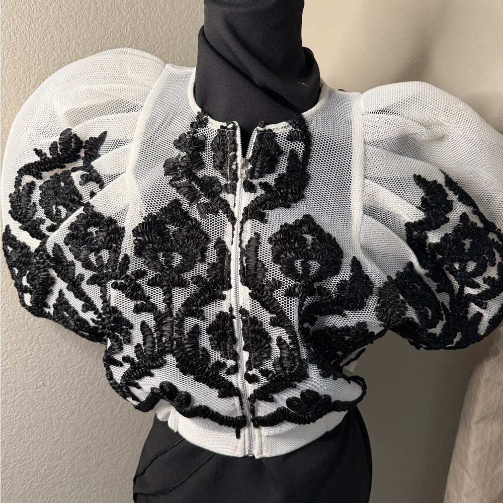 Elegant White and Black Embroidered Top